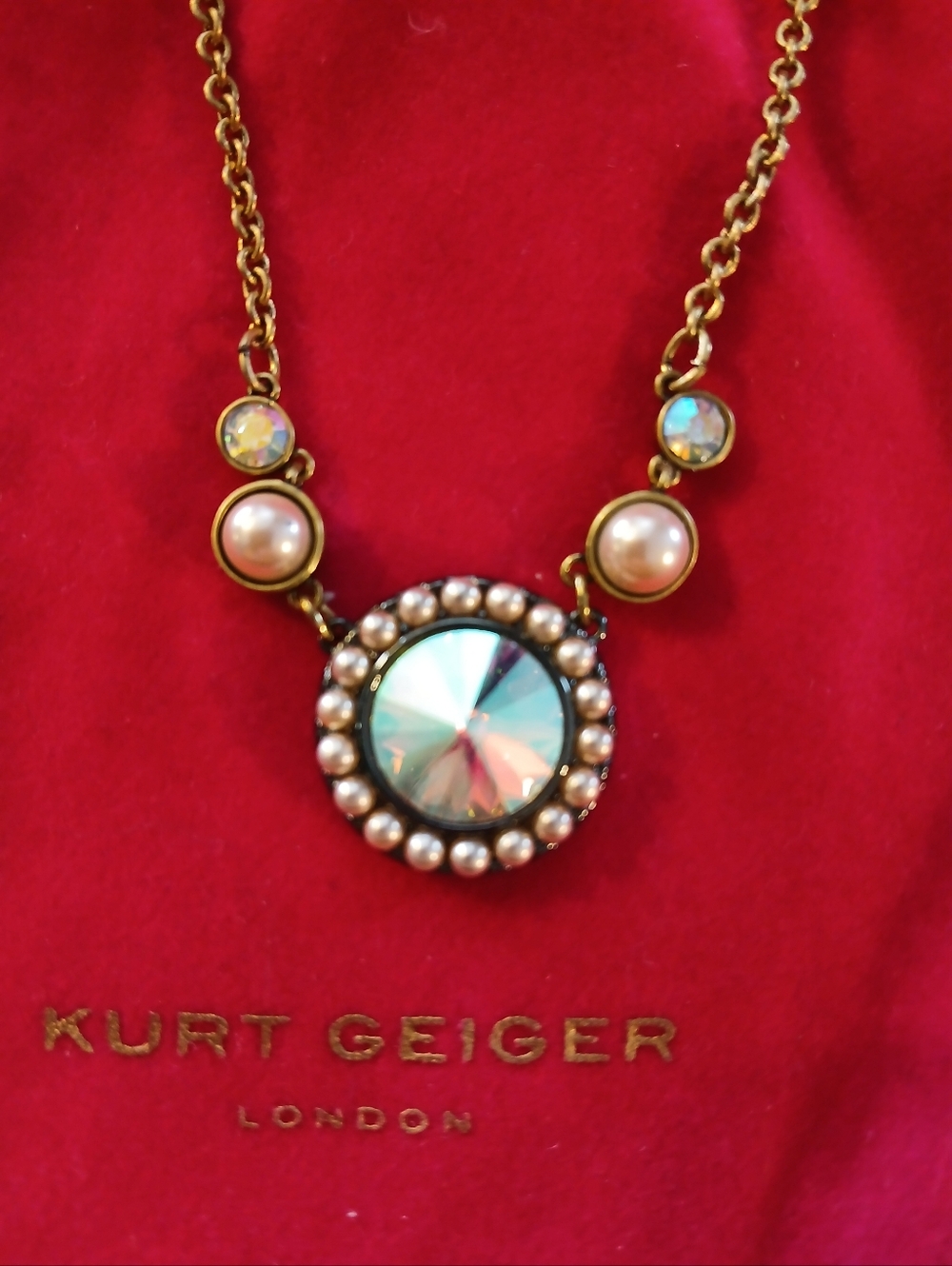 Kurt Geiger London Octavia Pendant Necklace Gold Stone Pearl NWT + Pouch